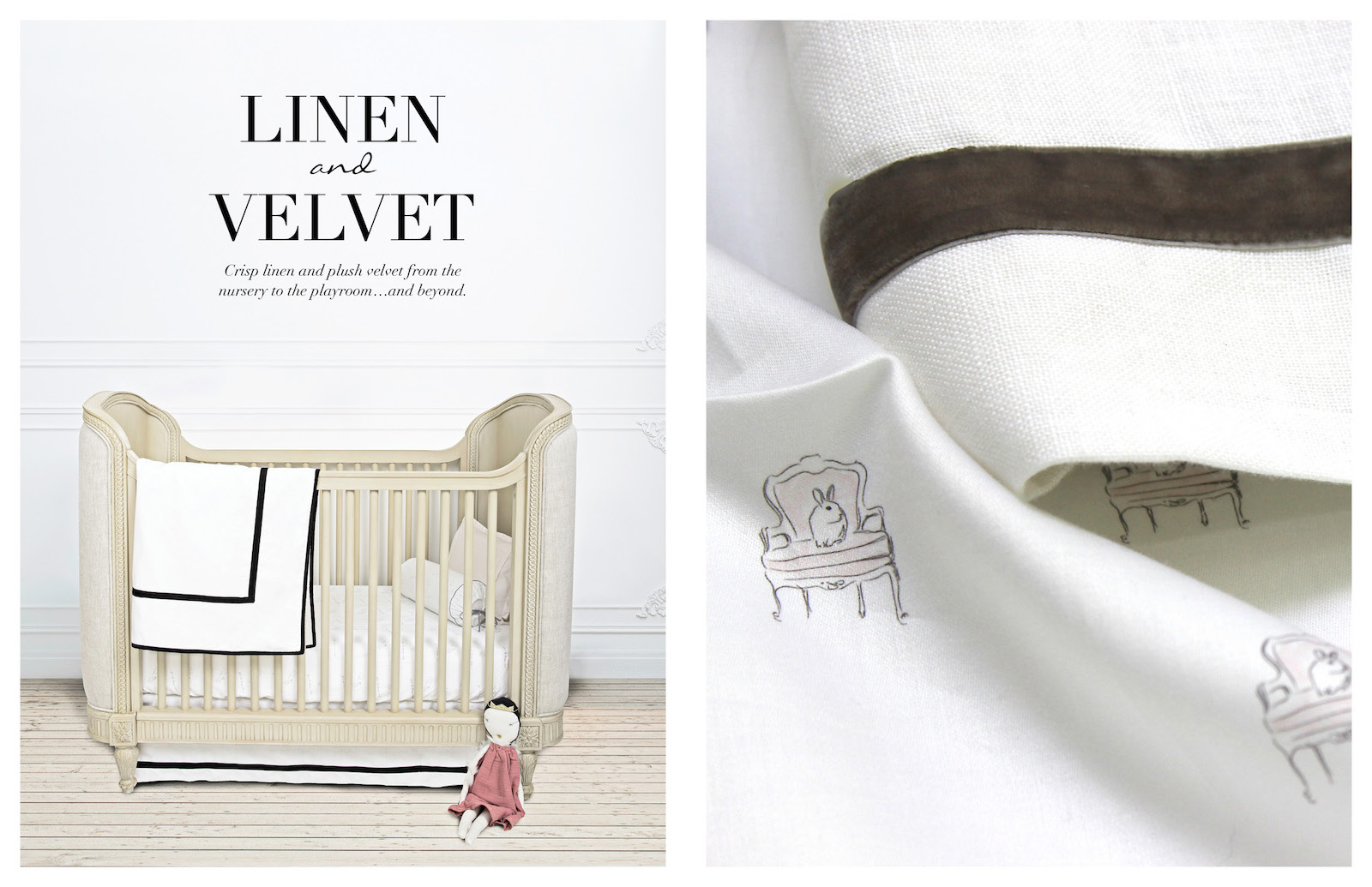 Pemberley Rose Lookbook-Mlle Lapin Bunny Crib and Girl Sheeting Featured with Velvet Trim Linen Bedding Collection